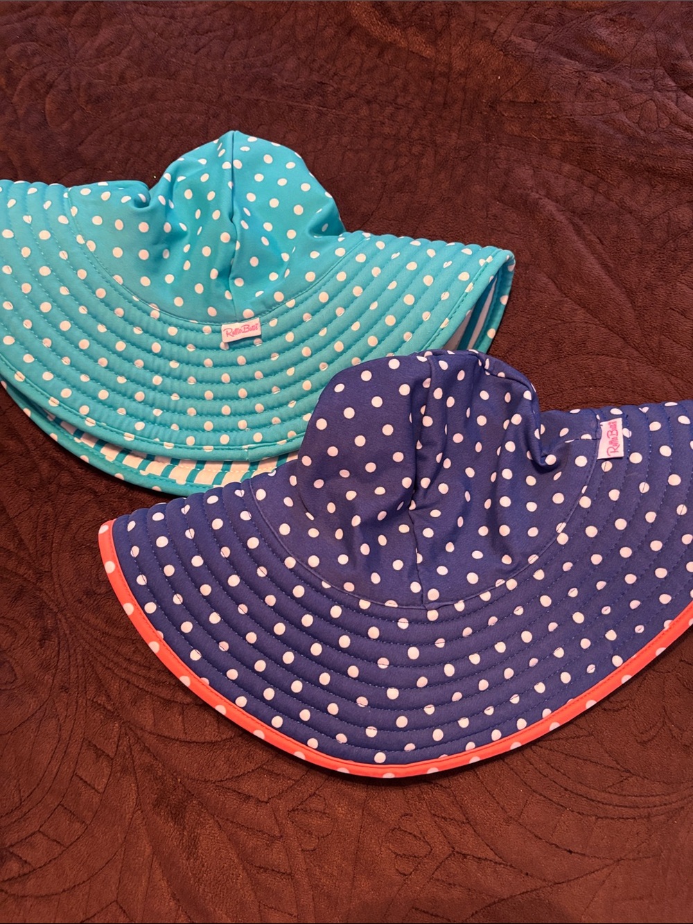 Ruffle Butts Reversible Polka Dot Hats (Turq/White & Navy/Coral/Yellow), 3-5 T